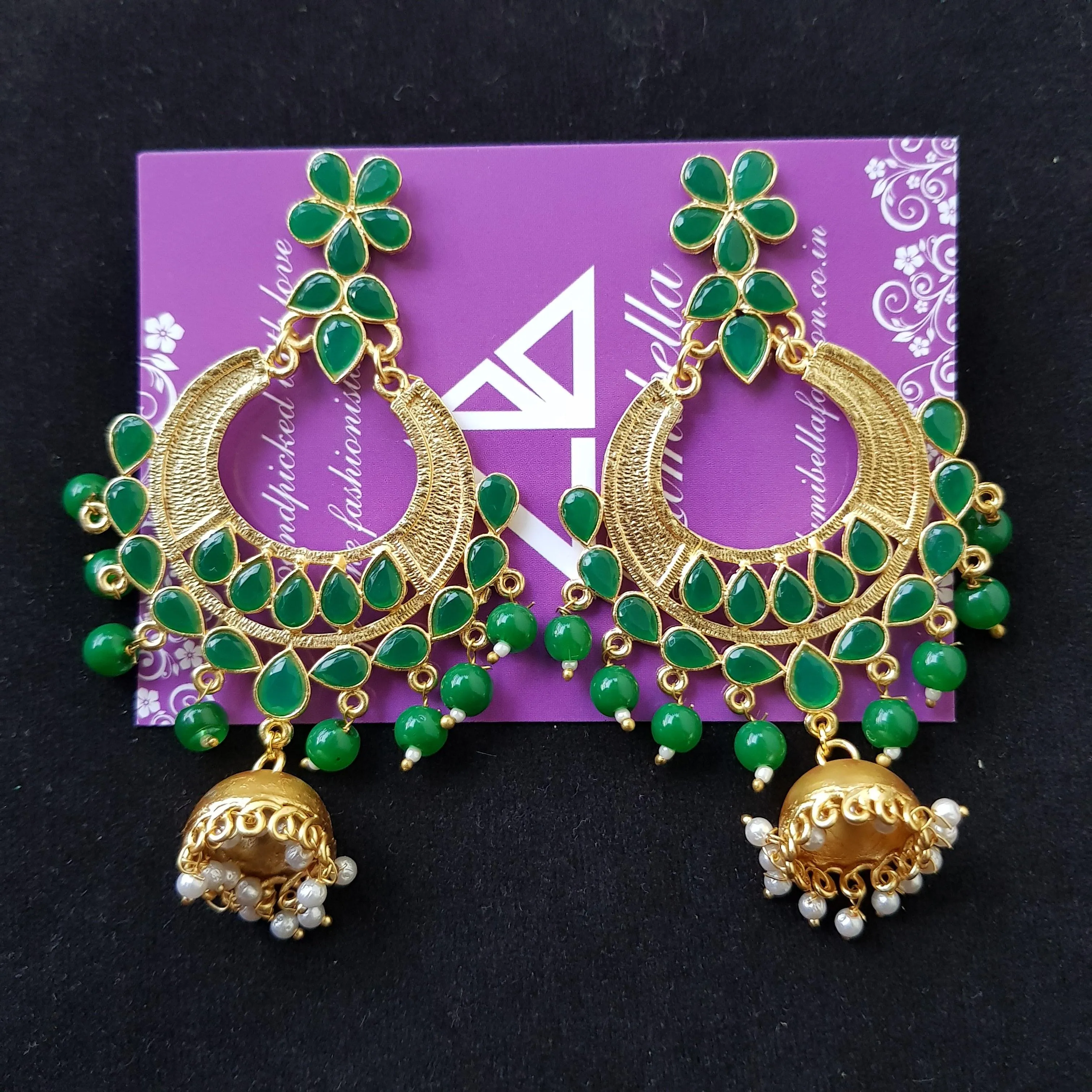 Designer Chandbali Earrings with Green Stones
