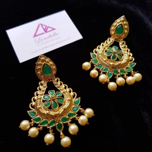 Designer Style Earrings with Green Stone Embellishment