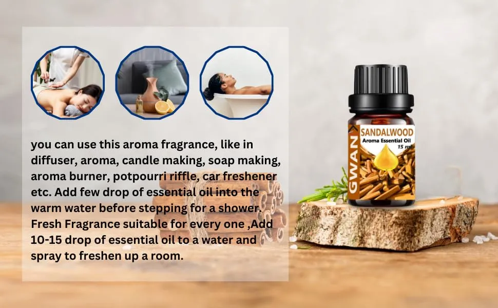 Gwan Aroma Diffuser Essential Oil Natural, Chemicals, Free for Home fragrance Sandal Wood, 15ml, Set of 1